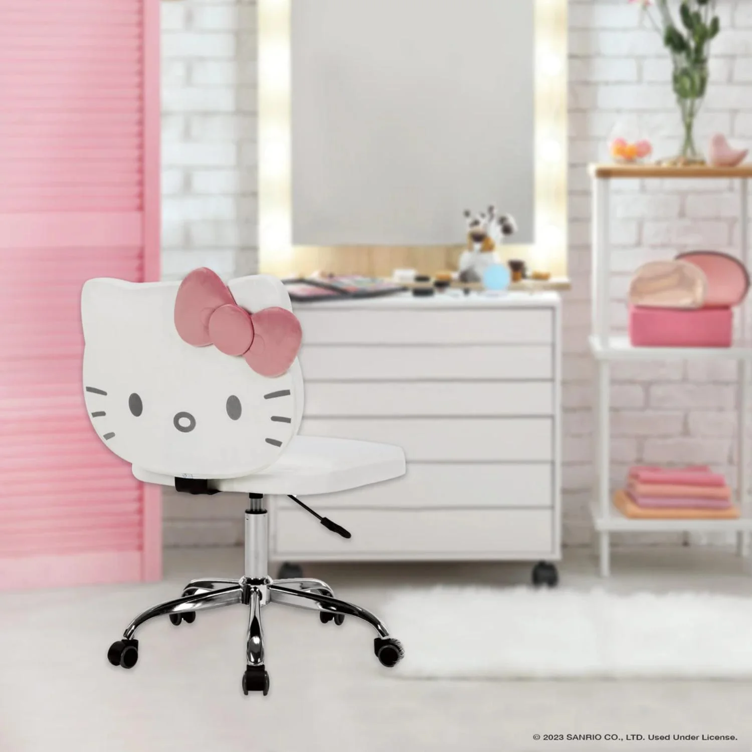 Impressions Vanity Hello Kitty Kawaii Swivel Vanity Chair for Makeup Room with Wheels Rolling Armless Chair (Pink) - Radiant Selections