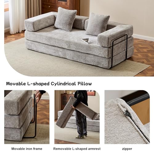 Convertible Floor Sofa Bed, Foldable Mattress Cloud Couch with Pillow Back & Armrest, Chenille Sleeper Sofa Bed with Fixed-Shape Frame