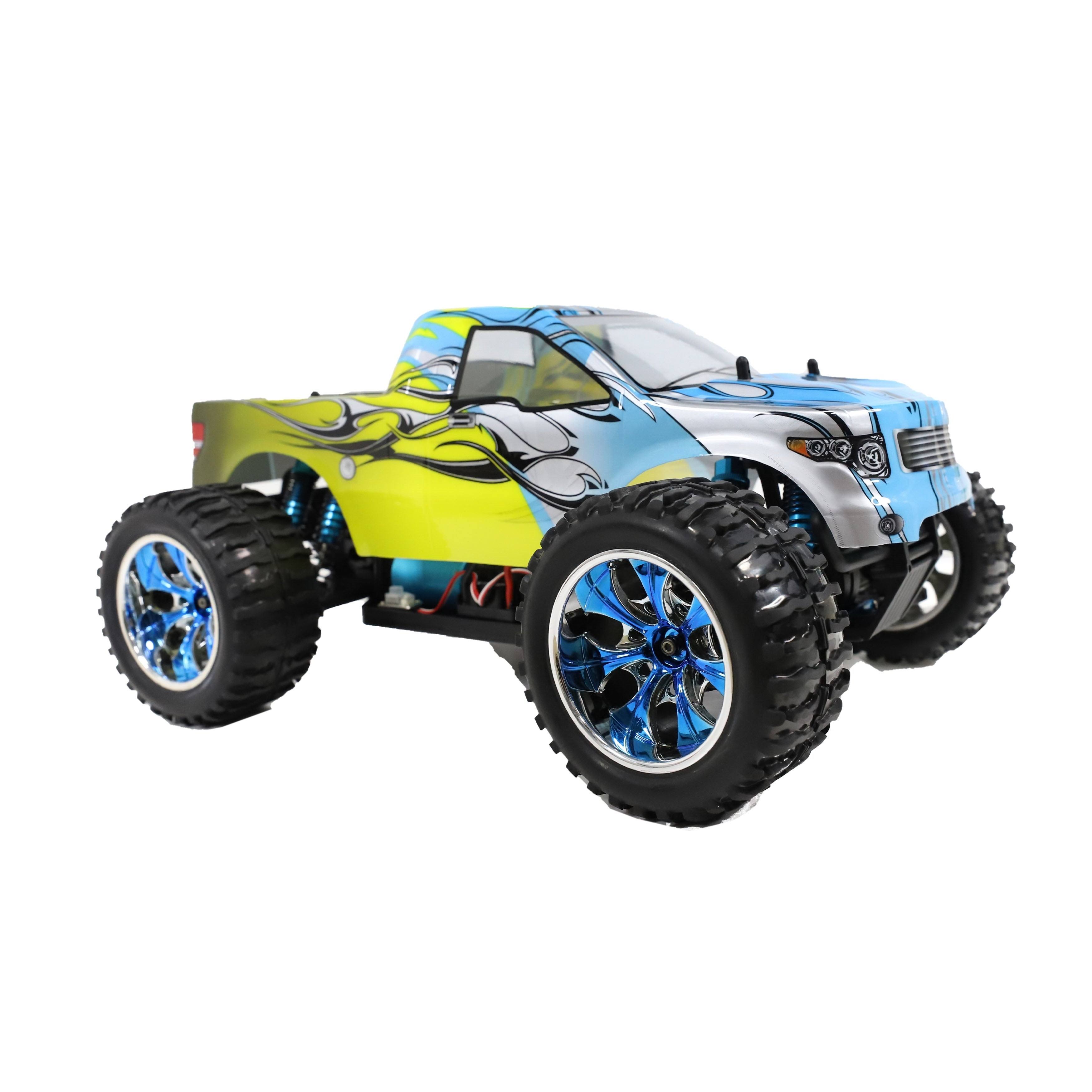 Aleko Rccar05 Brushless Pro Off-Road 4WD Electric Powered RC Truck - 1:10 Scale - Light Blue and Yellow Flame Design