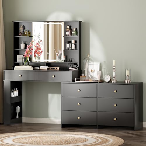 Large Makeup Vanity Desk with Mirror and Lights, Vanity Desk with 8 Drawers & Storage Shelves, Vanity Table with Power Outlet