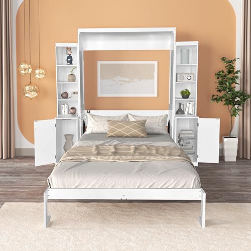 Queen Size Murphy Bed with Desk & Charging Station,Wall Bed Frame Folding into Cabinet Design w/LED & Storage Shelf for Small Space,Bedroom