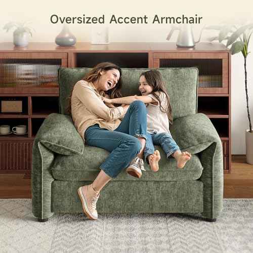 Oversized Accent Chair, 42 Inch Chenille Fabric Armchair, Comfy Single Sofa Chair with Padded Arms, Pocket Spring Cushion