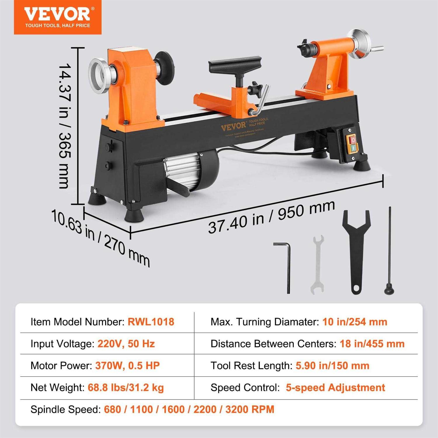 VEVOR Benchtop Wood Lathe 10 in x 18 in 0.5 HP 370W Power Wood Turning Lathe Machine - Shop Hardware Tools Online Store
