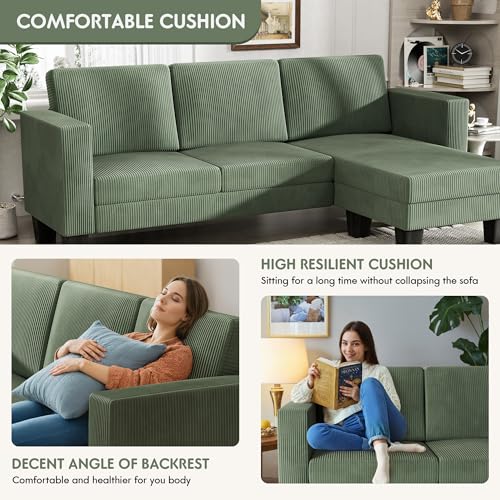 YESHOMY L-Shaped Convertible Sectional Sofa 3 Seater with Corduroy Fabric, Complete with Mobile Footrest, for Living Room, Apartment and Office, 70"