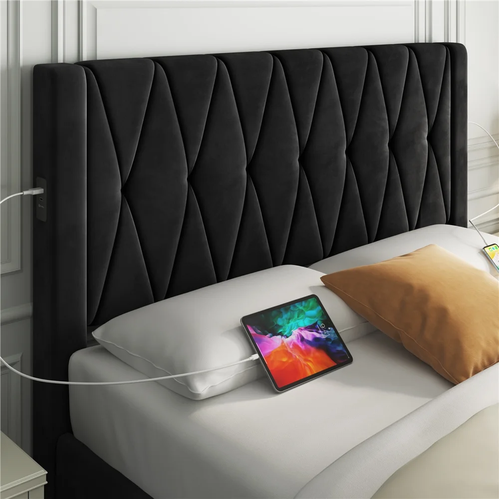 Topeakmart Modern Full Upholstered Bed with 4 Storage Drawers & Built-In USB Ports, Black