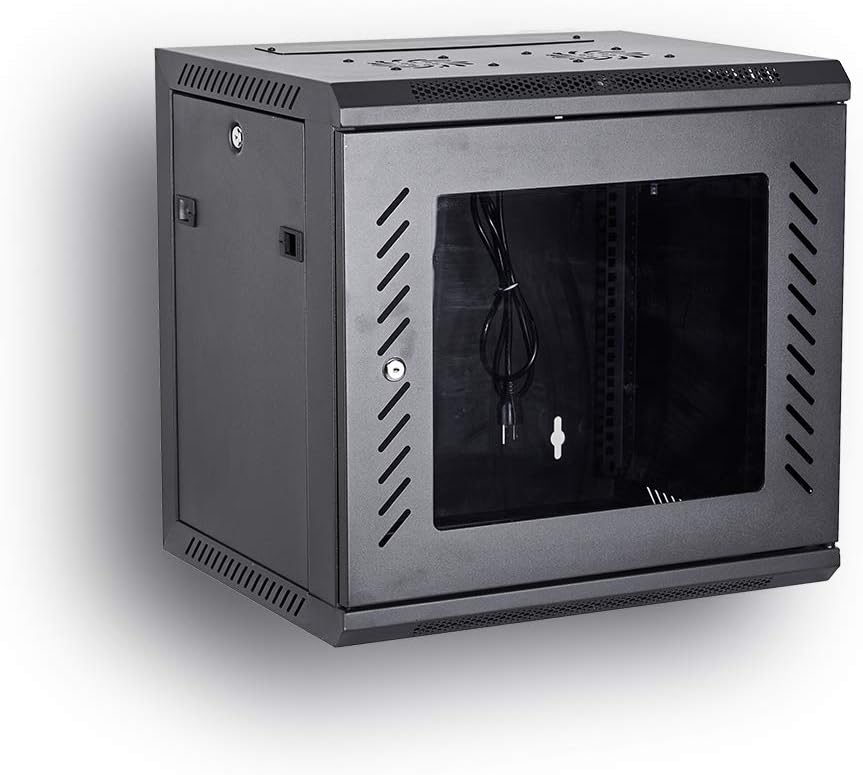 Kenuco Wall Mount Rack Server Cabinet Data Network Enclosure 19-Inch Server Network Rack with Locking Glass Door 16-Inches Deep (BLACK 06U)