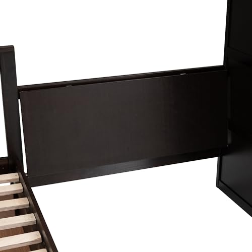 L-Shape Triple Bunk Beds with Stairs and Desk, Wood Twin-Over-Full Bunk Bed with Storage Wardrobe, Shelves and Drawers