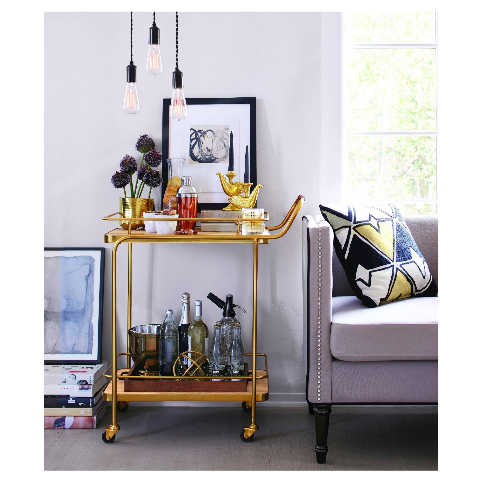 Metal, Wood, and Leather Bar Cart - Gold - Threshold