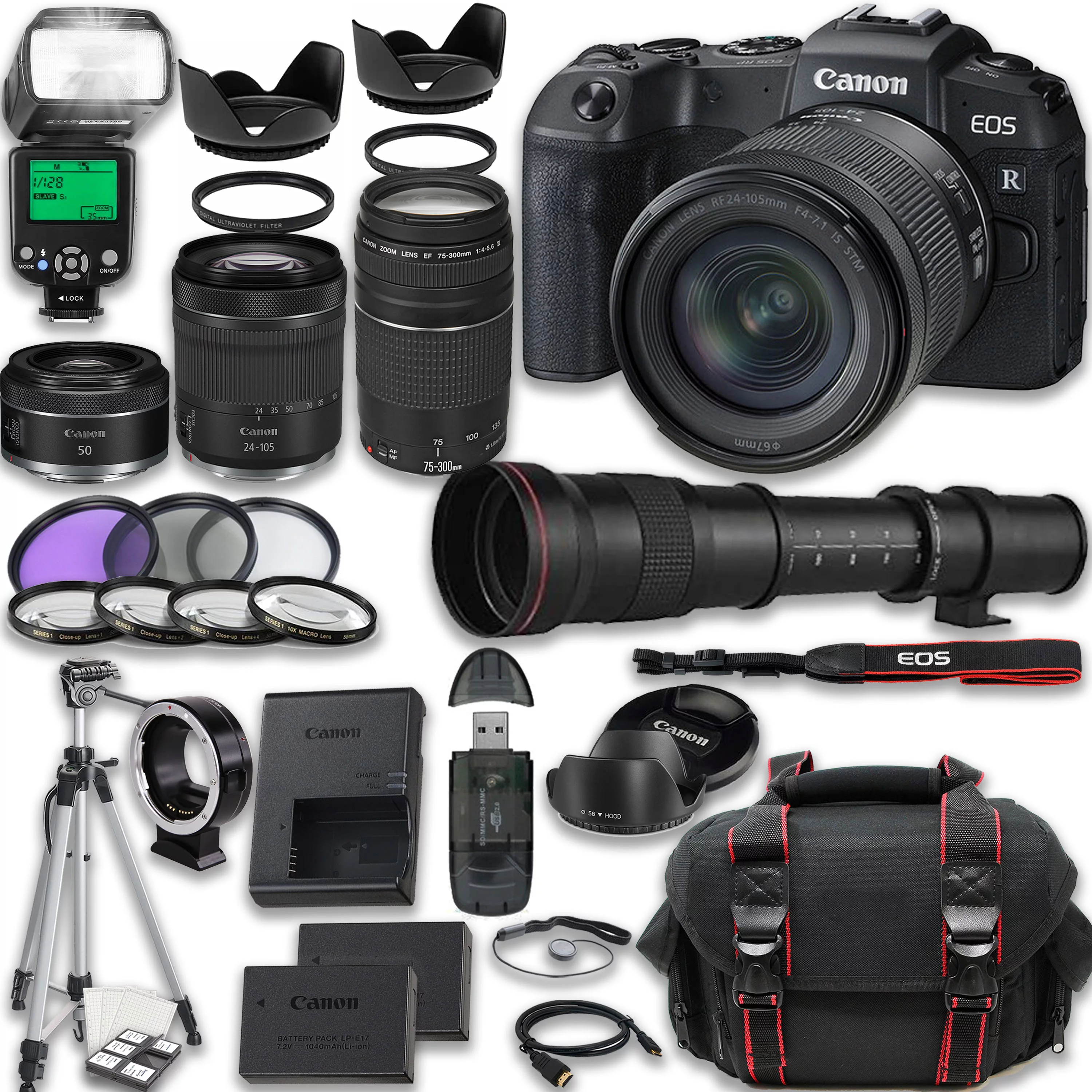 Canon EOS RP Mirrorless Camera with Canon RF 24-105mm STM + EF 75-300mm f/4-5.6 III + RF 50mm f/1.8 STM + 420-800mm HD Lenses + 2X 64GB Memory Cards