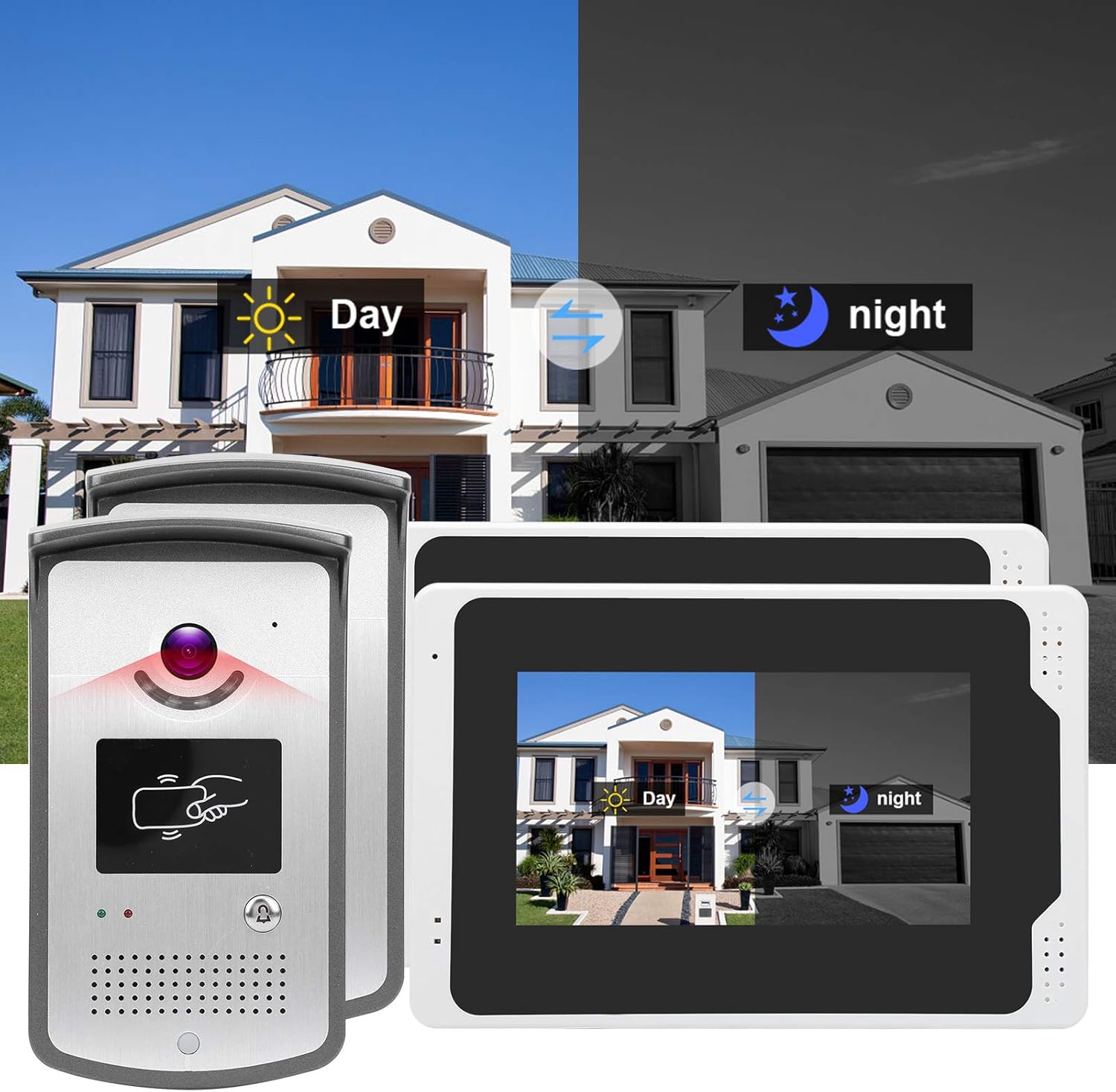 7in TFT 1080P Video Doorbell, WiFi Intercom Doorbell, Waterproof Video Door Phone with 2 Monitors 2 Cameras, Remote Control & Night Vision