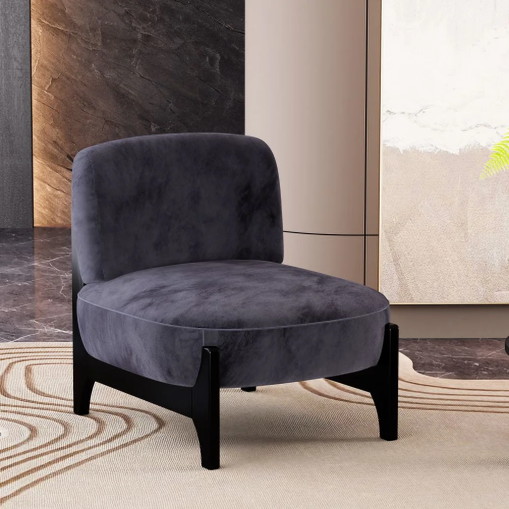1 Piece Upholstered Velvet Fabric Mid Century Modern Accent Chair with Solid Wood Frame, Comfy Armless Chair for Living Room, Bedroom, Reading