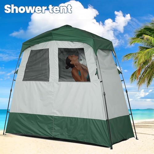 Camping Shower Tent Deluxe Changing Room Easy Set Up Privacy Shelter,Large Toilet Tent 2 Rooms with Floor Drain Design for Beach, Camping
