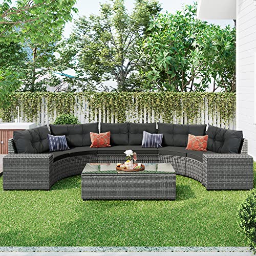 P PURLOVE 8 Piece Half Moon Sectional Round Patio Furniture Set, Outdoor Sectional Sofa Couch