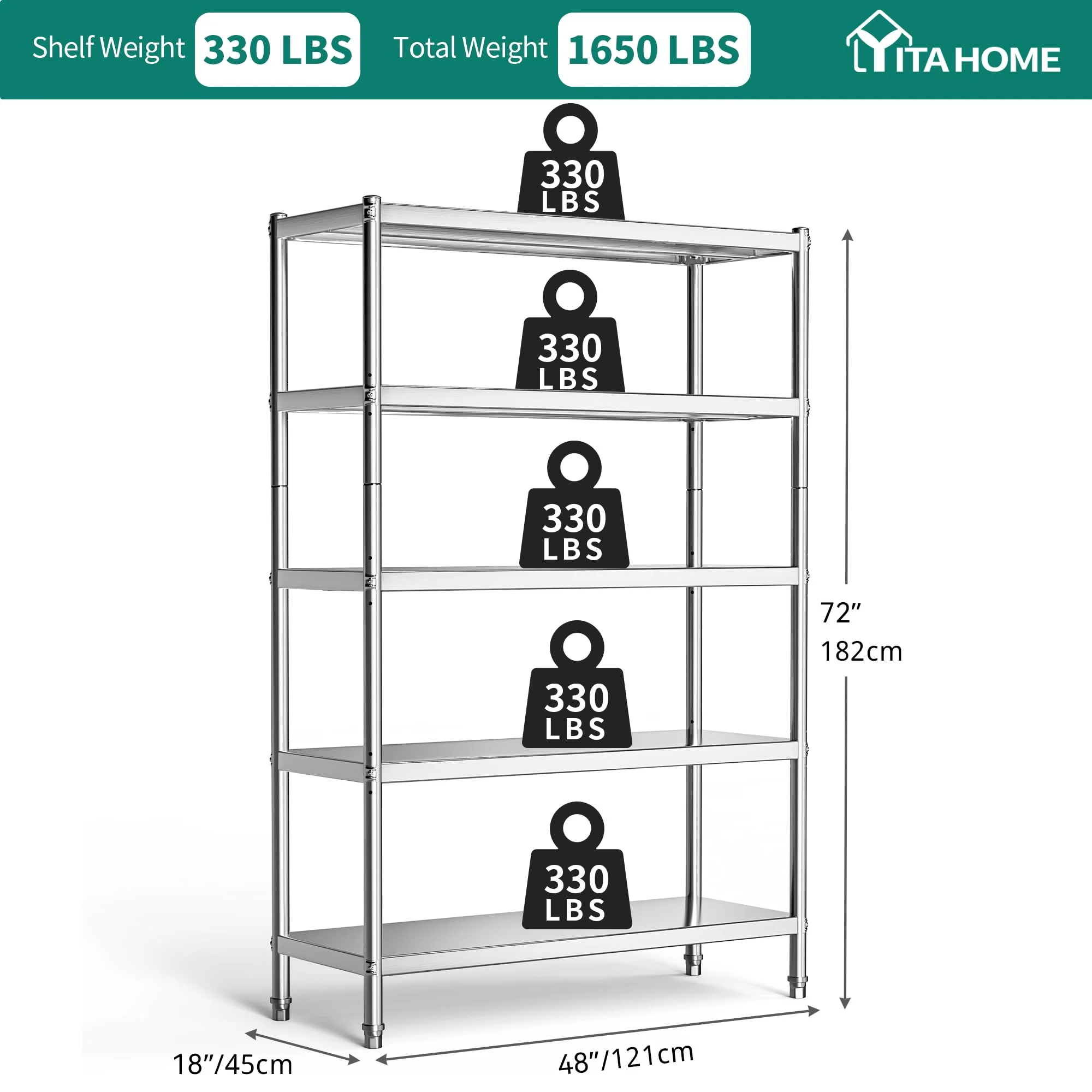 Dextrus Stainless Steel Shelves, 48"*18"*72" 5 Tier Storage Shelf, Heavy Duty Shelving for Kitchen Garage Office Restaurant Warehouse