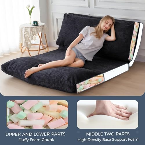 MAXYOYO Bean Bag Bed Folding Sofa Bed Floor Mattress for Adults, Extra Thick and Long Floor Sofa with Corded Washable Cover, Dark Grey, 30x95 Inch