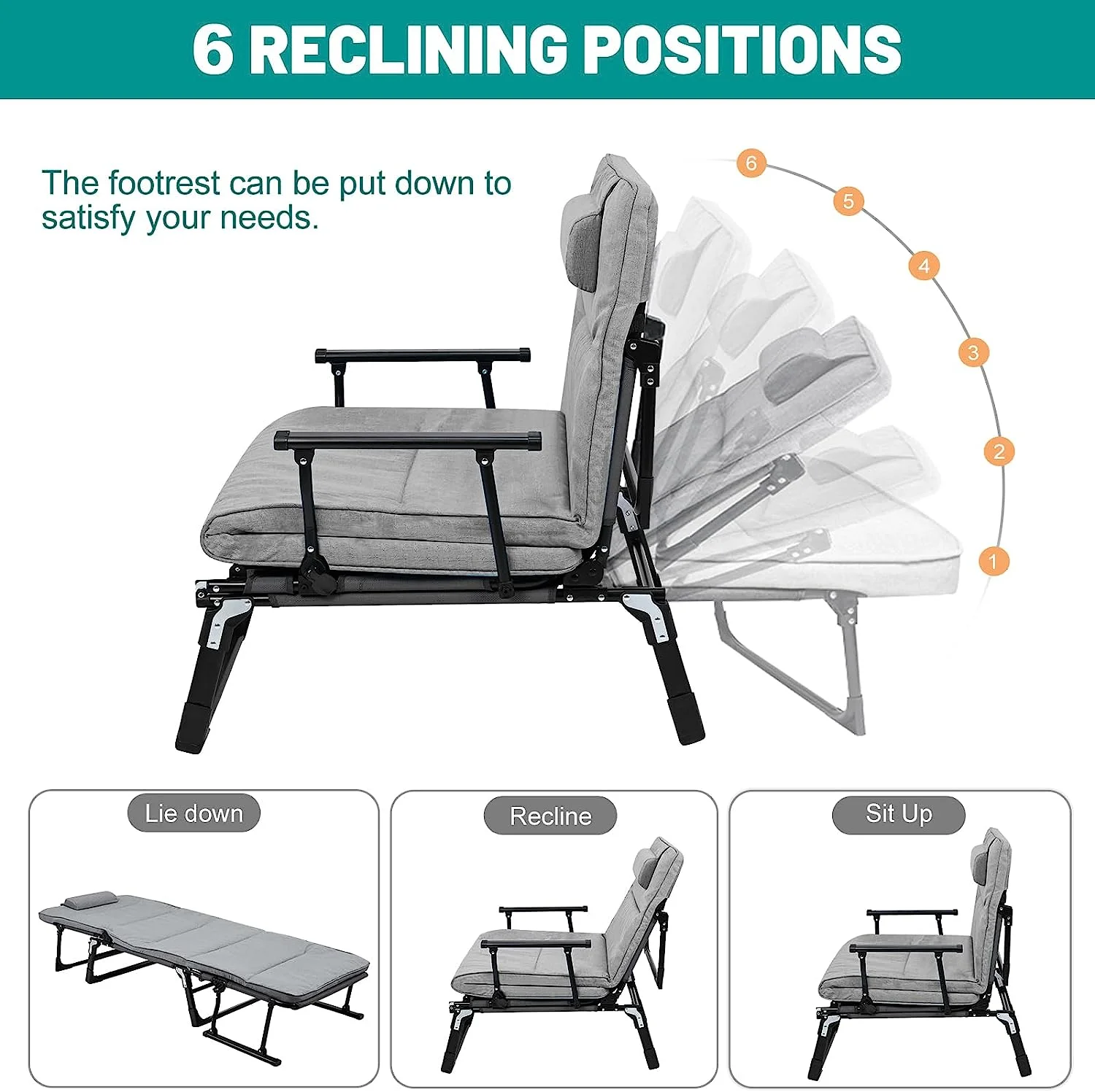 Slsy 3 in 1 Folding Sofa Bed, Portable Folding Bed with Mattress & Pillow, 6 Position Adjustable Convertible Chair, Rollaway Guest Bed Fold Out Bed