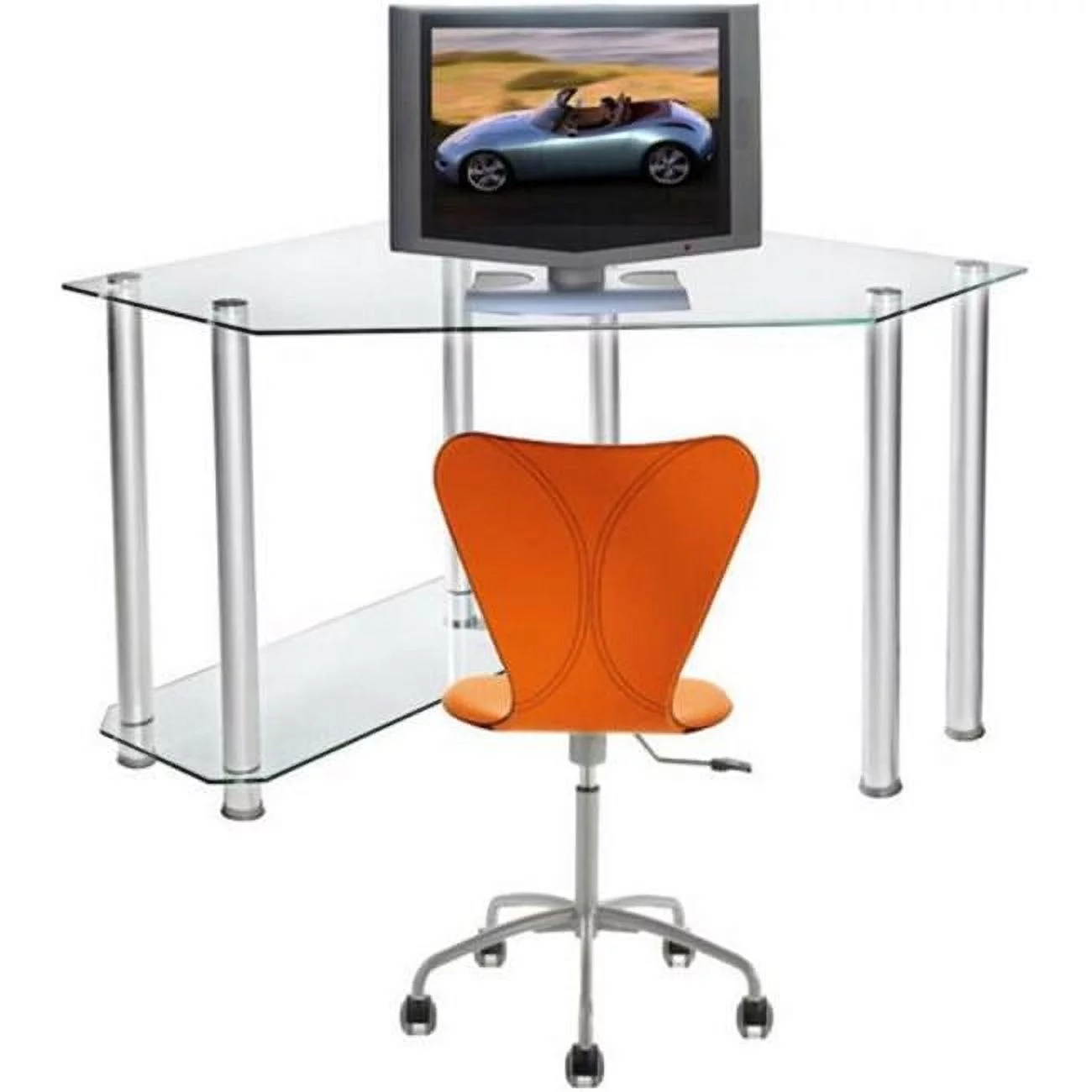 Clear Tempered Glass and Aluminum Corner Computer Desk