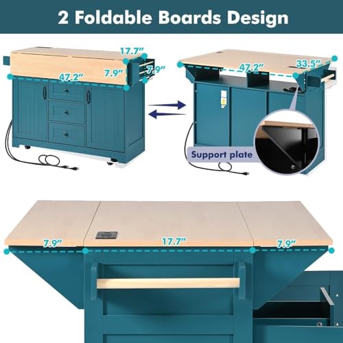 Kitchen Island with 2 Drop Leaf, Home Cart Island on Wheels Foldable Dining Table with Power Outlets,3 Drawers,Storage Cabinet, Tower Rack(Black)