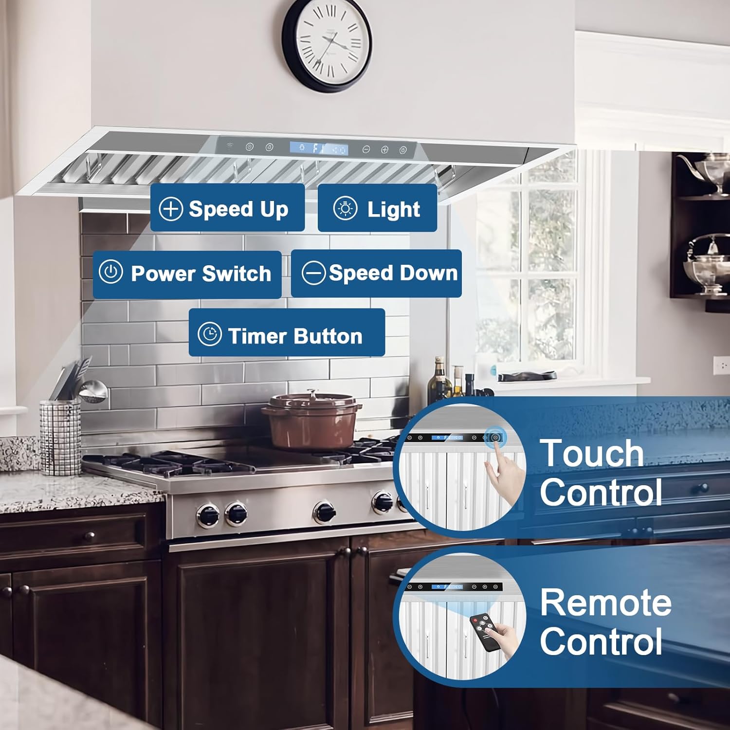 30 Inch Built-in/Insert Range Hood 600 CFM, Ducted Stainless Steel Kitchen Vent Hood with 4 Speed Gesture Sensing & Touch Remote Control, 2 LED Lights