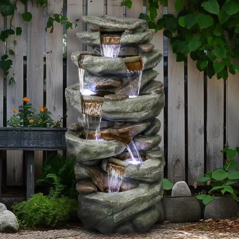 SunJet 40" High 6-Tiers Cascading Rock Outdoor Water Fountain with LED Lights - Large Outdoor Fountains and Waterfalls for Garden or Patio, Yard