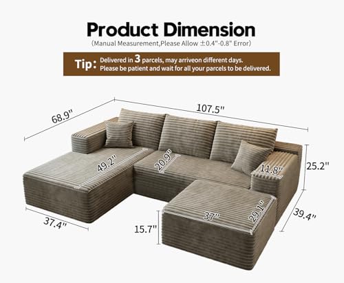 107.5" Cloud Modular Sectional Sofa with 1 Ottoman,Modern Minimalist Upholstered Couches, Comfort U Shaped Sofa for Living Room