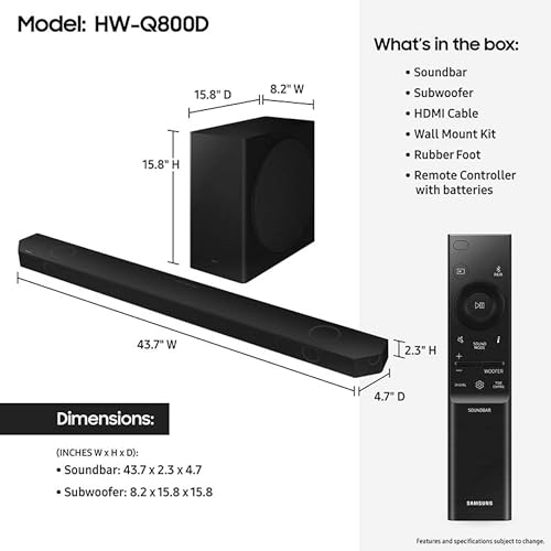 SAMSUNG Q990D 11.1.4ch Soundbar w/Wireless Dolby Atmos Audio, Rear Speaker Included, Q-Symphony, SpaceFit Sound Pro, Adaptive Sound