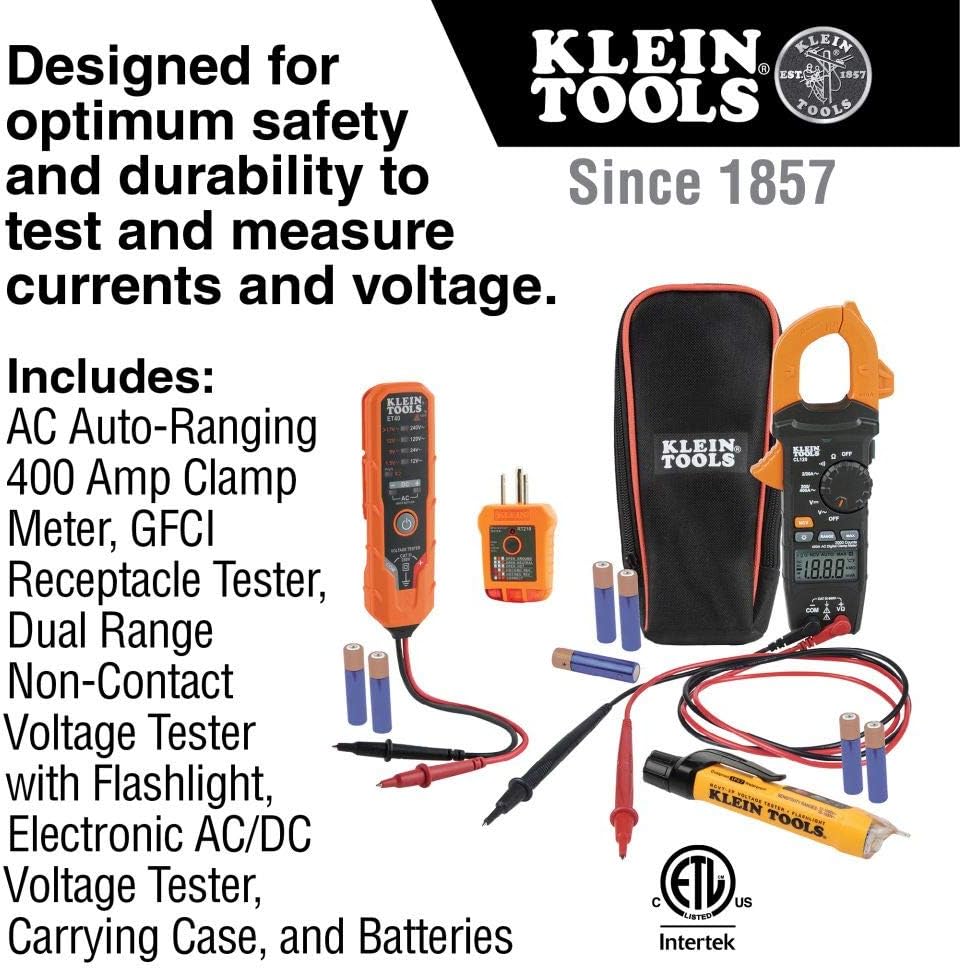 Klein Tools CL120VP Electrical Voltage Test Kit with Clamp Meter, Three Testers, Test Leads, Pouch and Batteries