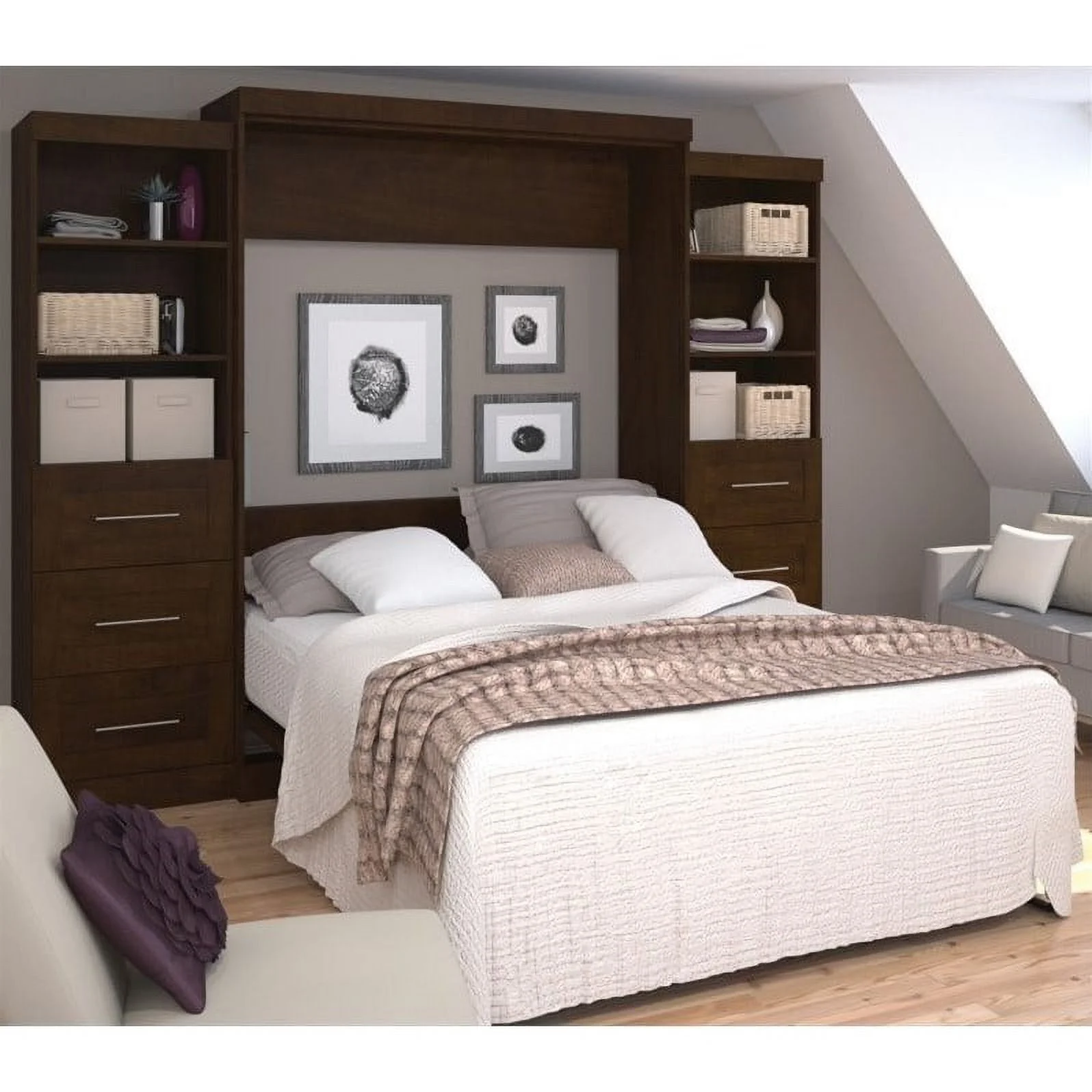 Atlin Designs 115" Queen Wall Bed with Storage and 3 Drawer Set in Chocolate