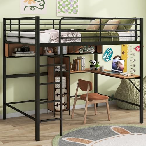 Harper & Bright Designs Twin Size Metal Loft Bed with Desk, Ladder and Guardrails, for Kids Teens Adults – Silver