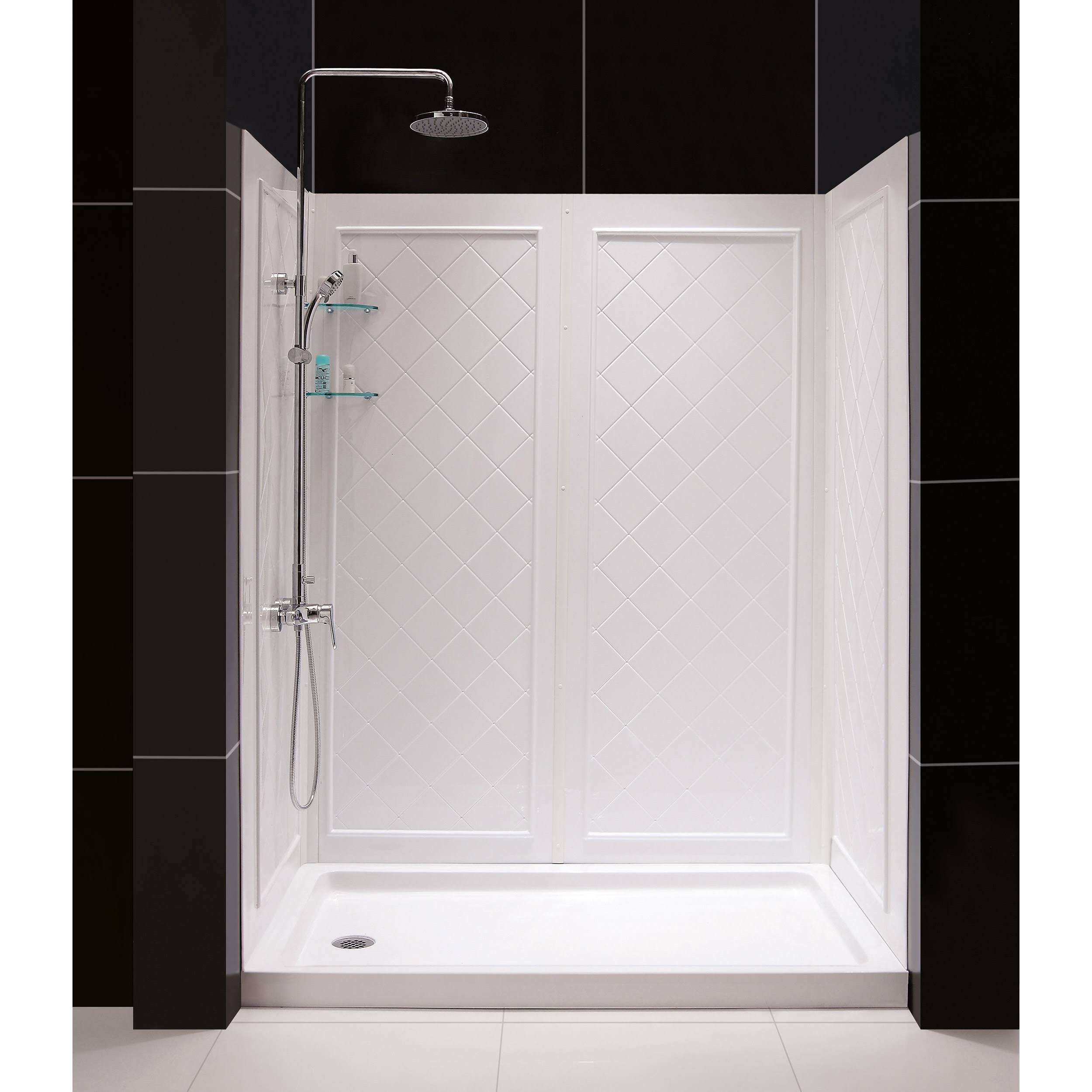 DreamLine DL-6191L-01 Slimline 34 in. by 60 in. Single Threshold Shower Base Left Hand Drain and QWALL-5 Shower Backwall Kit