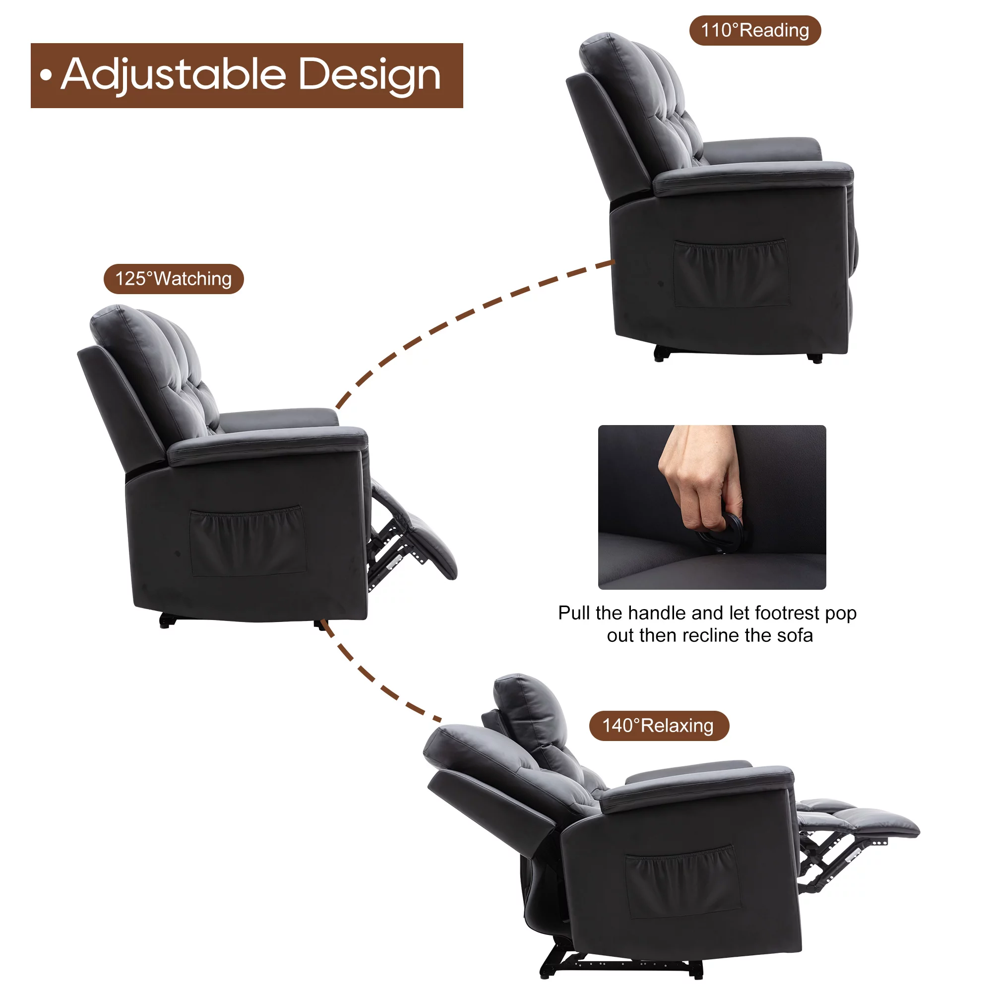 Reclining Sofa, 3 Seater Sofa Recliner with Flipped Middle Backrest, PU Leather Reclining Sofa with 2 Cup Holders and Console Slate
