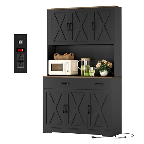 HOSTACK 71" Pantry Cabinet with Charging Station, Tall Kitchen Pantry Storage Cabinet with Microwave Stand