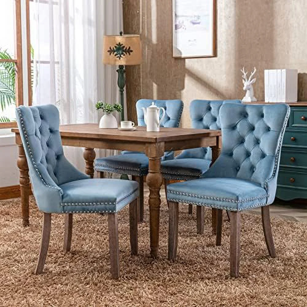 TJUNBOLIFE Velvet Dining Chairs   Upholstered Dining Room Chairs  Tufted Dining Chairs with Solid Wood Legs  Nail Heads and Ring Pull for Kitchen