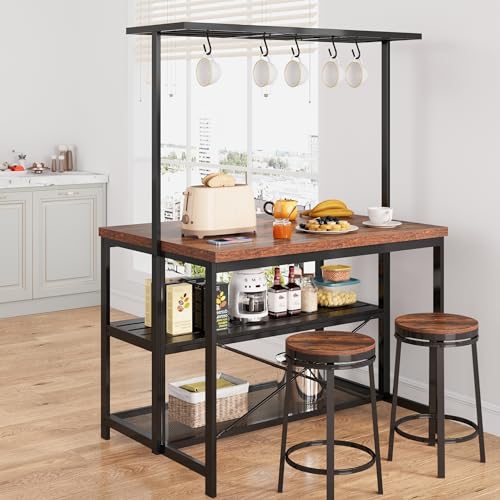 Kitchen Island with Storage, Bakers Rack with Power Outlet, Island Table for Kitchen,3 Tier Microwave Stand Oven Shelf,Large Coffee Bar Table