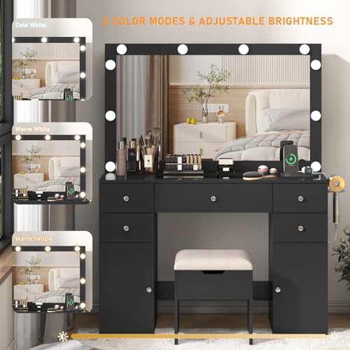 Vanity Desk with Lighted Mirror & Power Outlet, Makeup Vanity Table with 5 Drawers & 2 Cabinets, Large Vanity Set with Stool, Glass Top