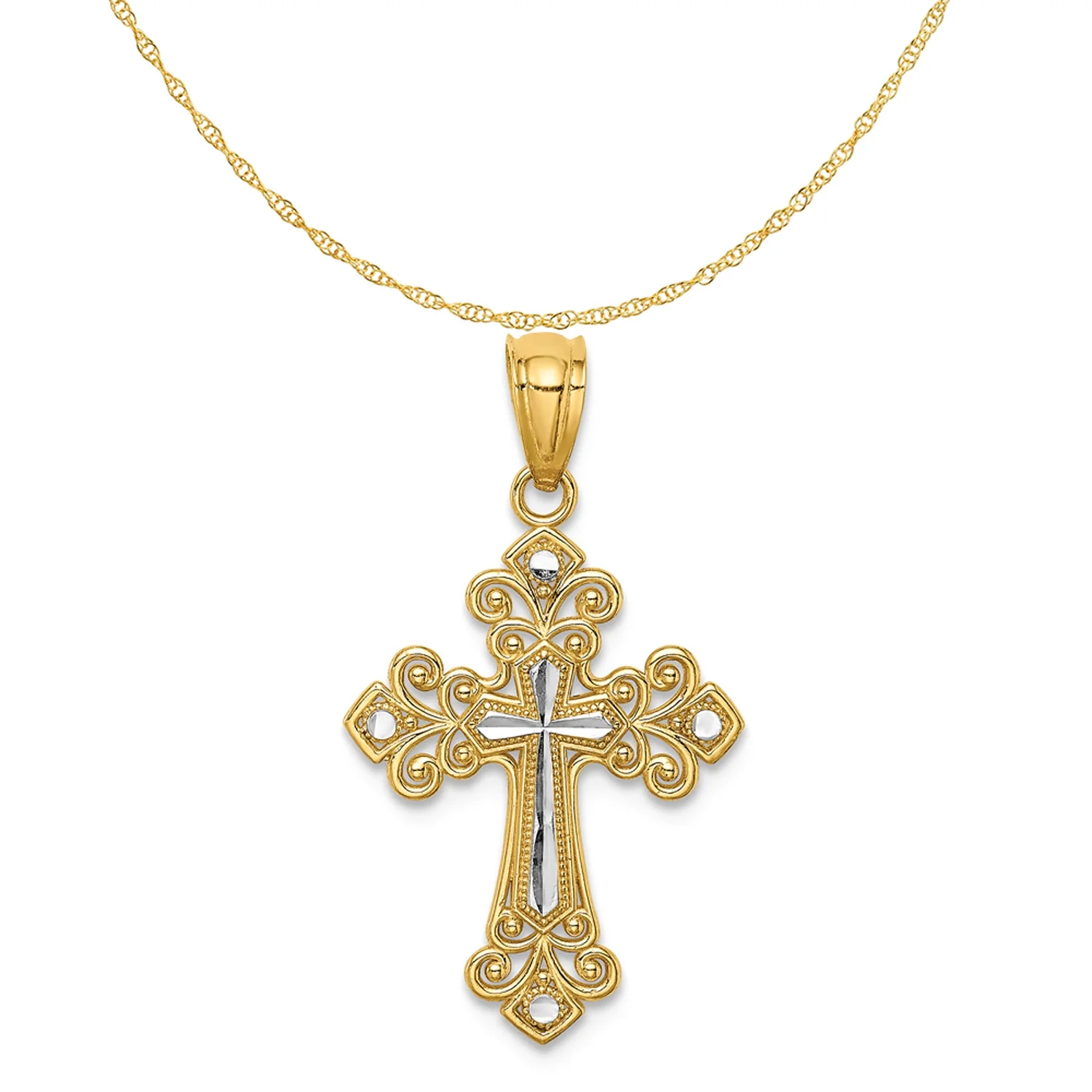 14K Two-Tone Gold Rhodium Plated Diamond Cut Cross Pendant With 14K Yellow Gold Light Weight Rope Chain 20"
