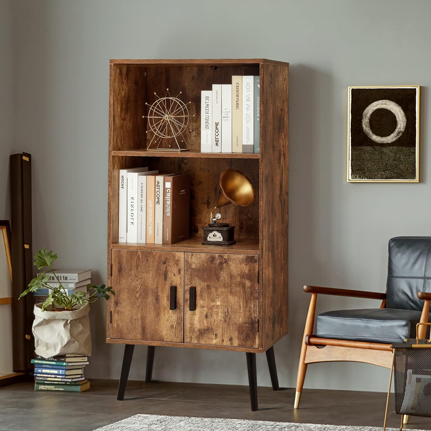 usikey Mid-Century Storage Cabinet with 1 Drawer 2 Doors 3 Shelves & Bookcase Storage Cabinet, Free Standing Cupboard with 4 Legs