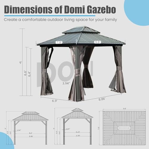 Domi 10’ x 10’ Hardtop Gazebo Metal Frame Canopy with Netting & Curtains