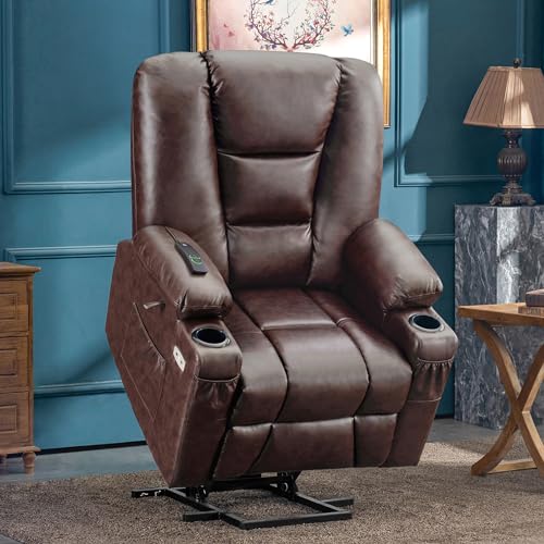 MCombo Small Power Lift Recliner Chair with Massage and Heat for Petite People, Cup Holders, USB Ports, Side Pockets, Faux Leather 7569 (Small