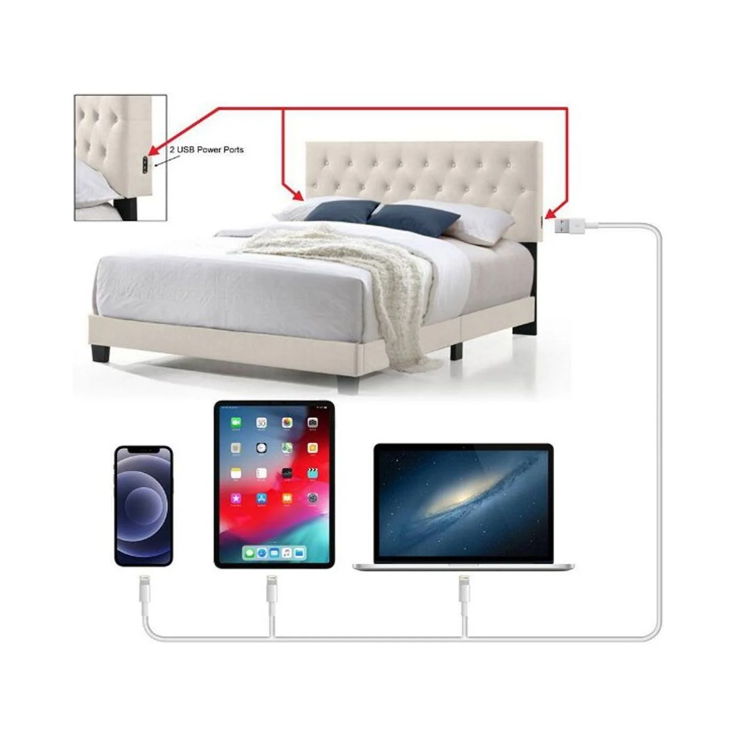 Belle Isle Furniture CRB61-0K00 Royale Linen Bed with USB Power Connection, Beige - Twin Size