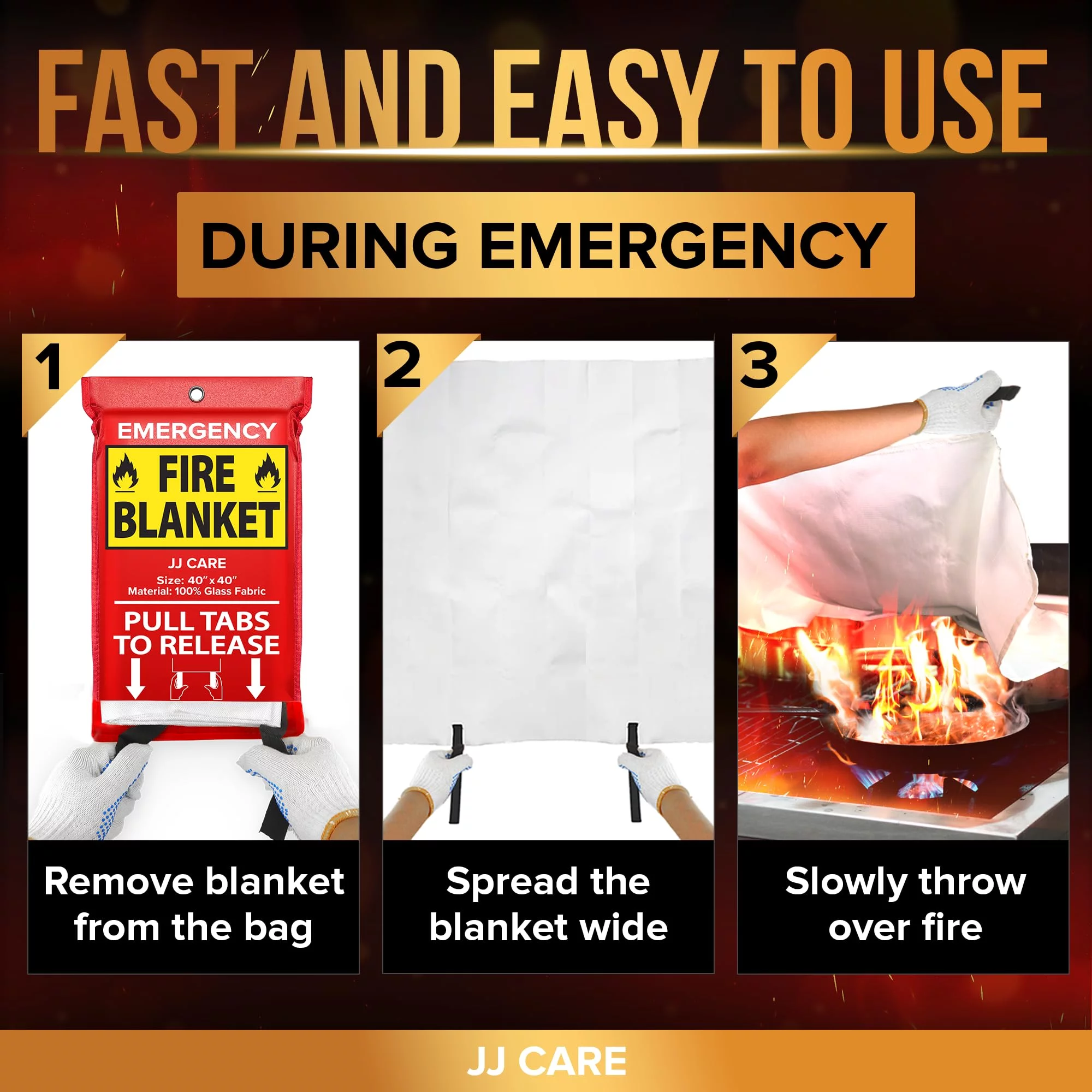 JJ CARE Fire Blanket – 4 Packs with Hooks – Emergency Fire Blanket for Home & Kitchen, High Heat Resistant Fire Suppression Blankets for Home Safety