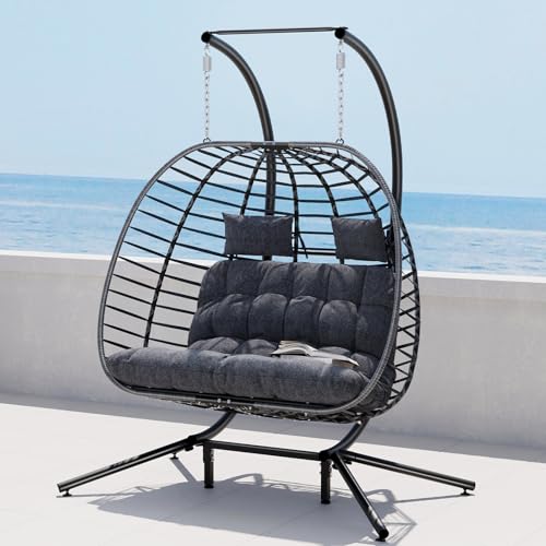 SWITTE Double Egg Swing Chair with Stand, Outdoor Patio 2 Person Hanging Wicker Hammock Chairs with Cushion for Indoor Bedroom, Lawn, Garden-Dark Grey
