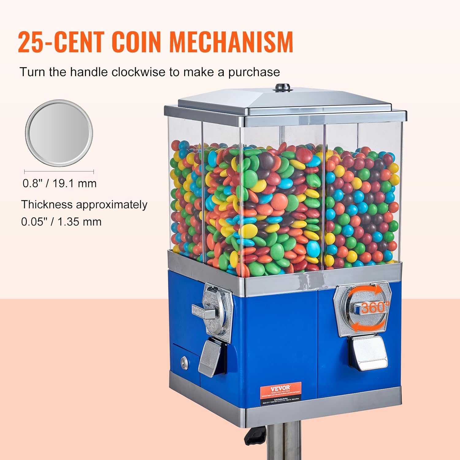 VEVOR Commercial Vending Machine, Four Compartment Rotatable Gumball and Candy Dispenser, Adjustable Height Coin Operated Candy Bank with Iron Stand