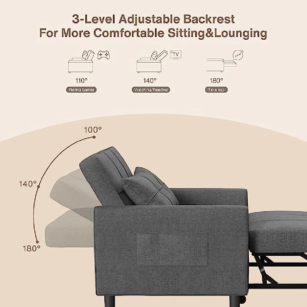 3 in 1 Sofa Beds Chair, Convertible Sleeper Sofa Bed Couch, Dark Gray