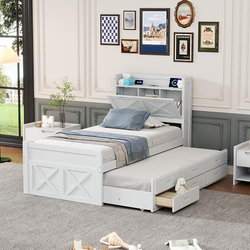 Harper & Bright Designs Twin Size Captain Platform Bed with Bookcase Headboard, Wood Twin Bed Frame with Storage Drawers and Shelves