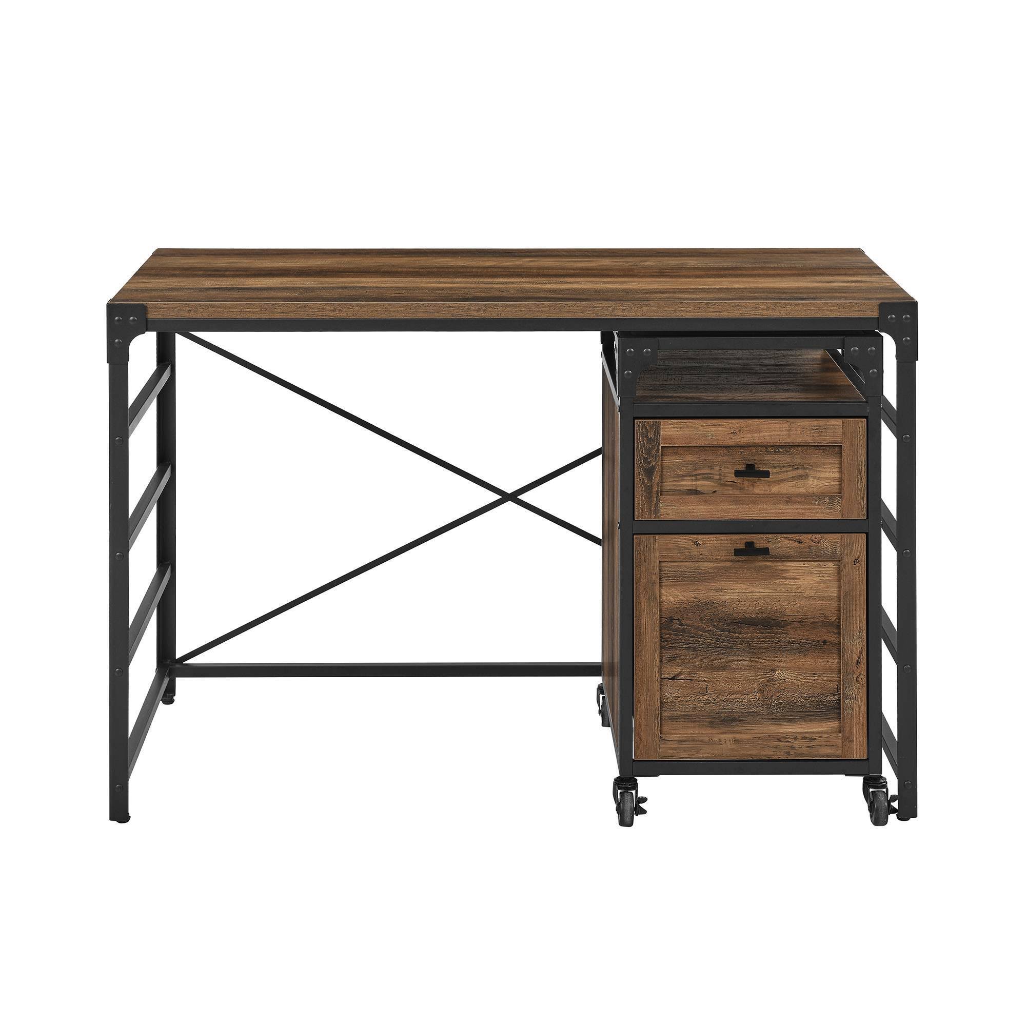 Halverson Angle Iron Writing Desk with 2 Drawer Filing Cabinet Reclaimed Barnwood - Saracina Home