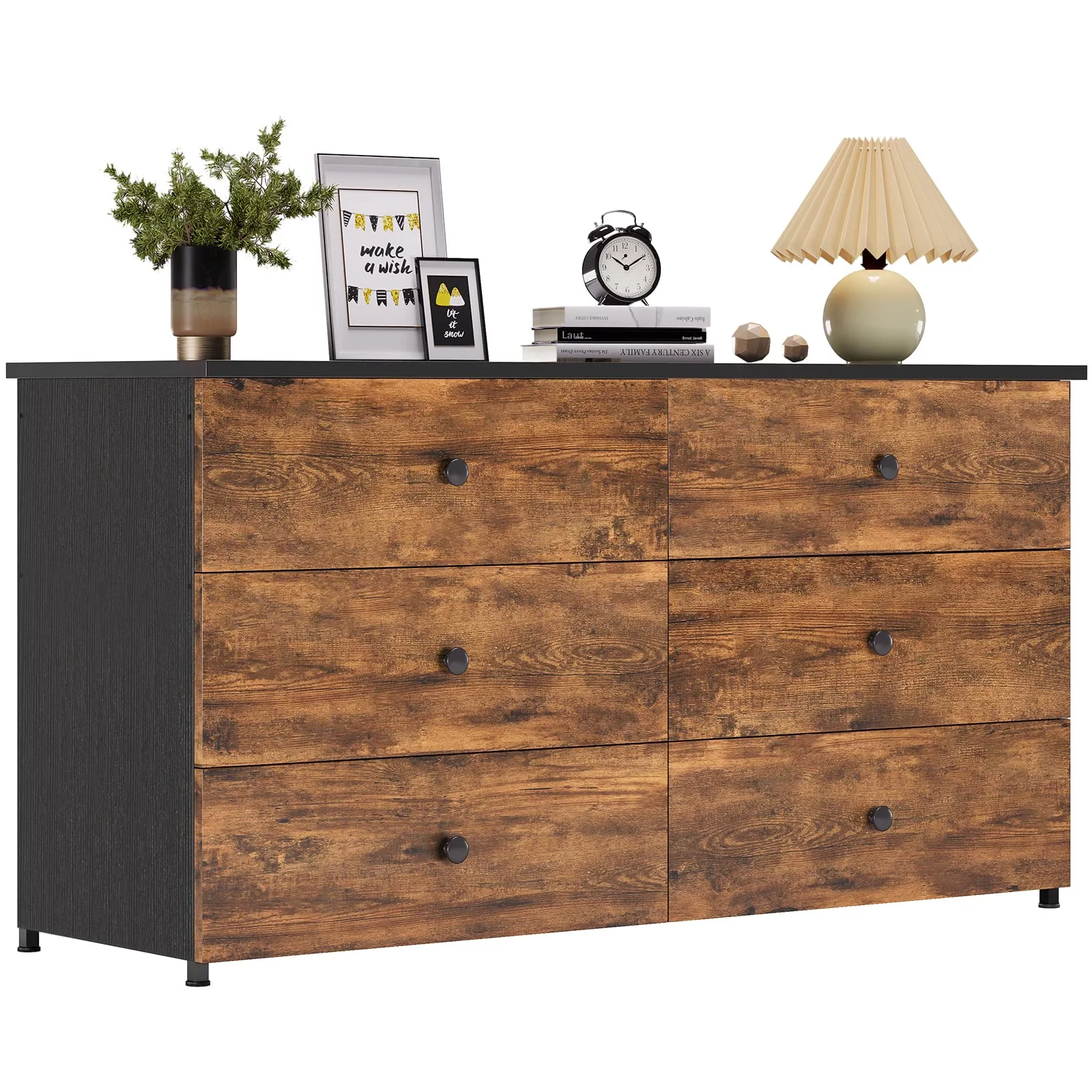 6 Drawer Double Dresser, Wooden Chest of Drawers with Heavy Sturdy Steel Frame, Large Capacity Storage Cabinet, Dresser for Bedroom, Living Room