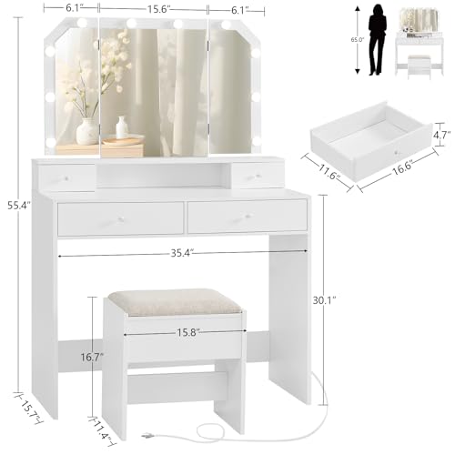 Quimoo Vanity Desk Set with LED Tri-Fold Lighted Mirror & Power Outlet, Makeup Vanity Table with 4 Drawers, Cushioned Stool, for Bedroom, Bathroom