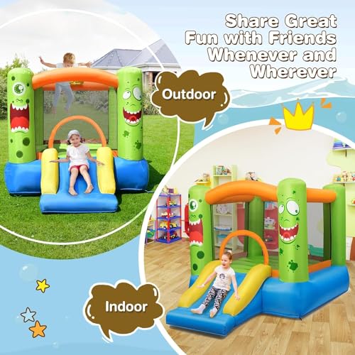 DORTALA Inflatable Bounce House, Monster Theme Bouncy Castle with Slide, Basketball Rim, Stakes, Indoor Outdoor Jumping House for Kids