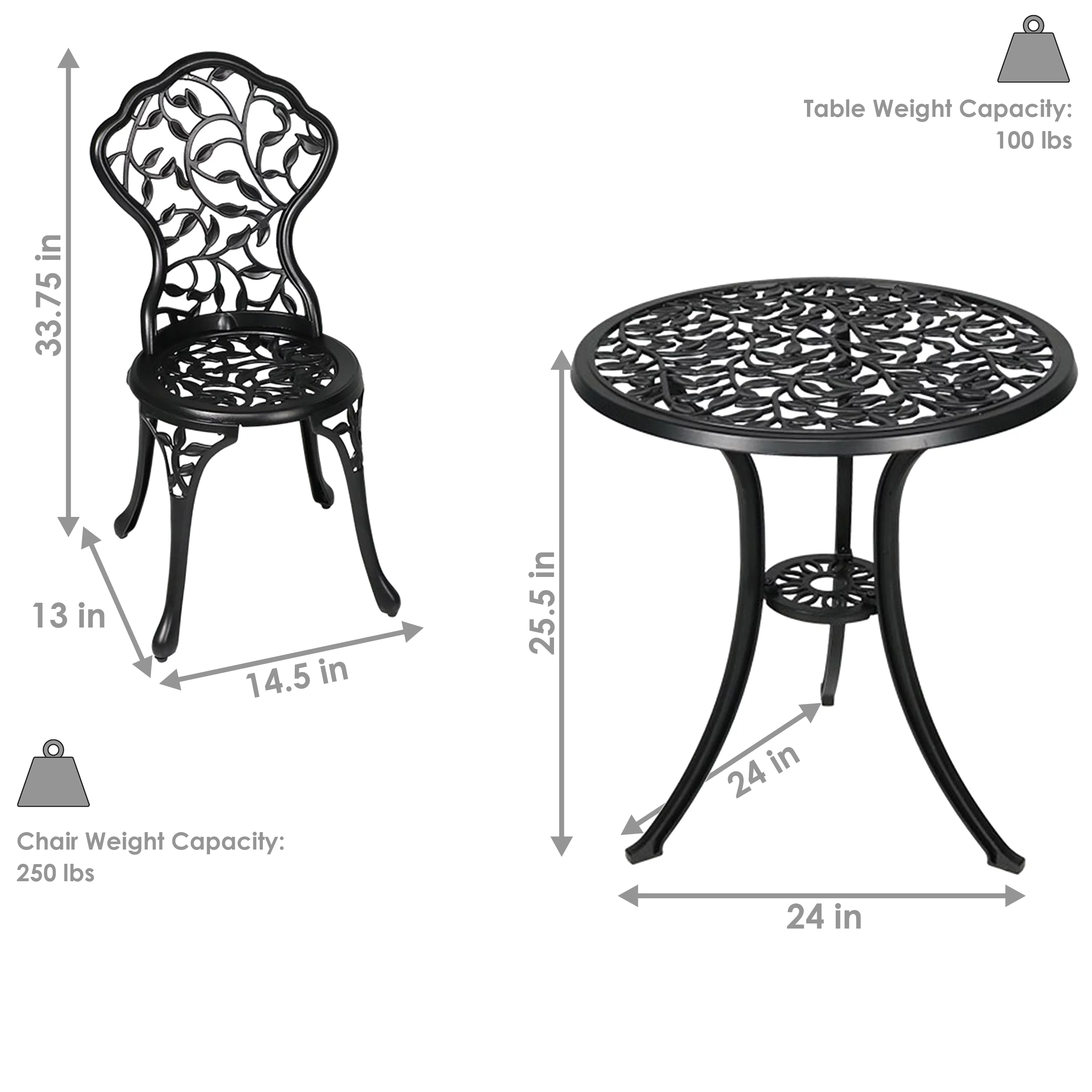 Sunnydaze Floral Design Cast Aluminum Outdoor Patio Bistro Set, Black, 3pc